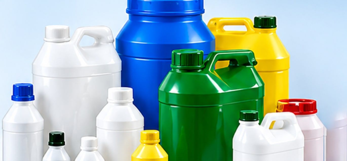 Blow-moulded bottles, jerry cans and drums in white, blue, green and yellow