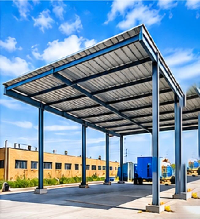 A steel canopy on square columns over a loading area