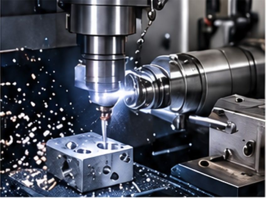 A CNC machine cutting a steel block, with sparks
