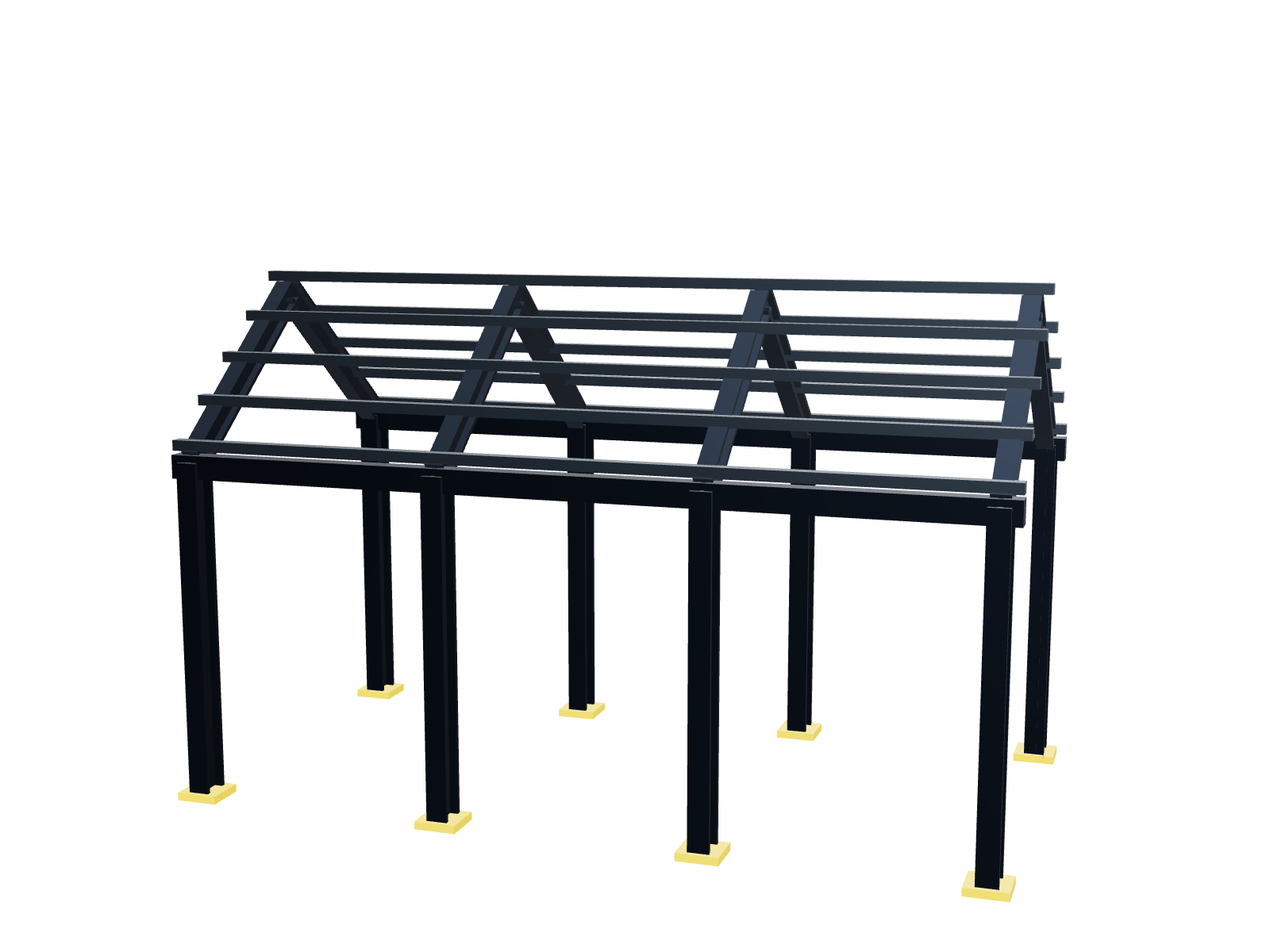 A steel portal-frame shed: I-section columns, pitched rafters and purlins