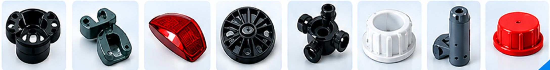 Injection-moulded parts: caps, fittings, a lamp lens and engineering components