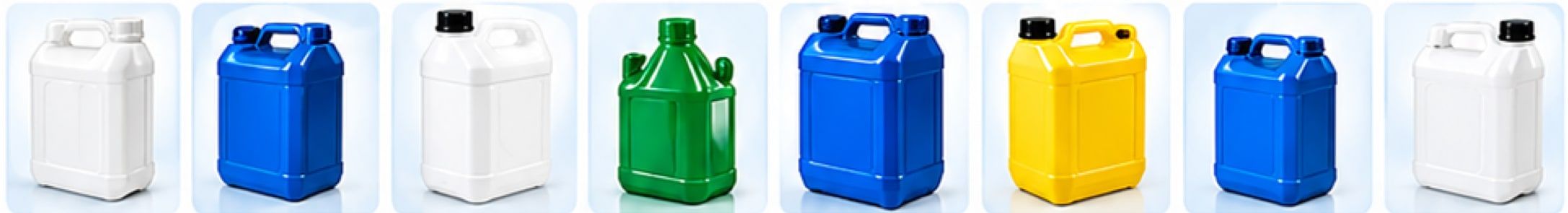 A row of jerry cans in white, blue, green and yellow