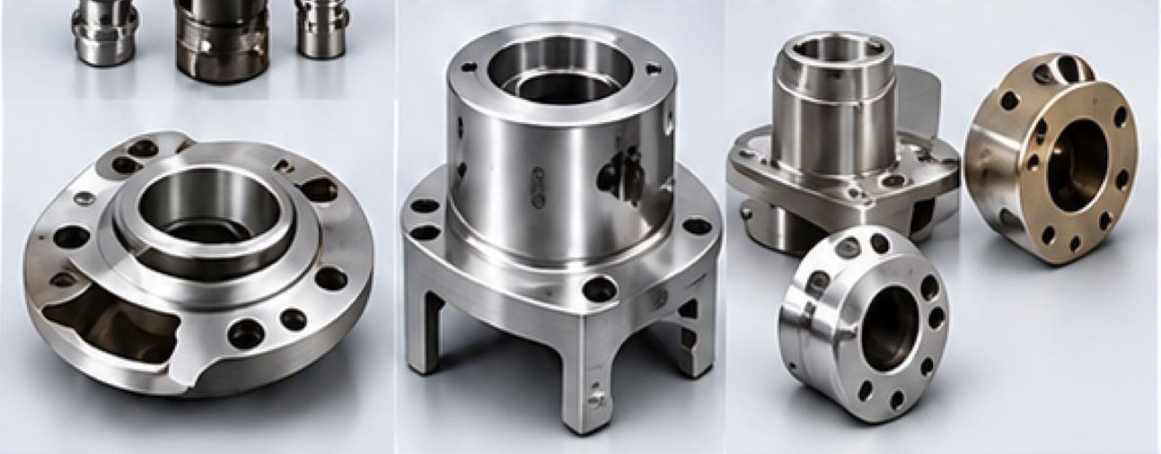 Machined steel and bronze parts: flanges, bushes and housings