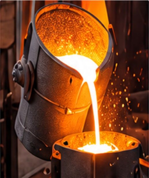 Molten metal pouring from a ladle into a mould