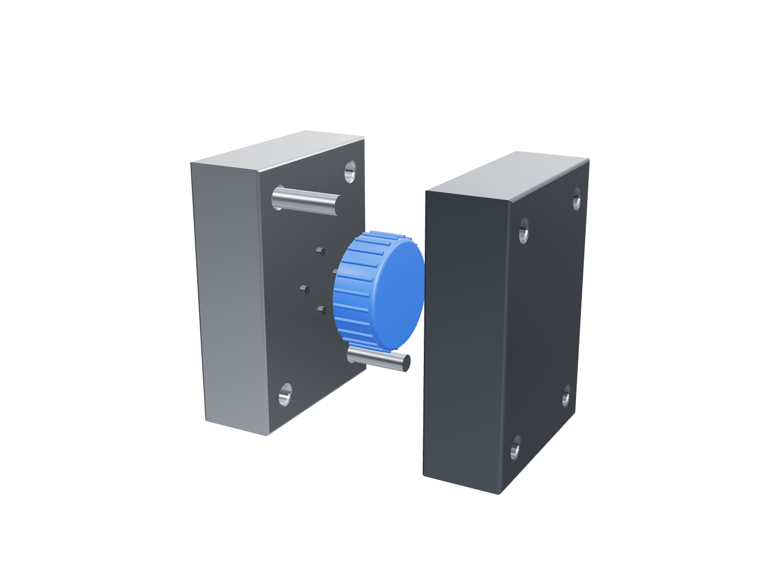 A two-plate steel injection mould opening to show the moulded cap