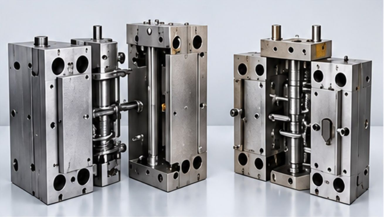Two steel blow moulds with guide pins and water channels