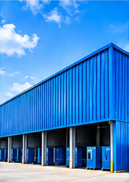 A shed clad in blue profiled sheet