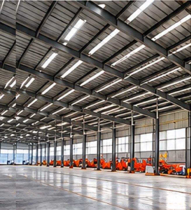 The inside of a large steel-framed shed