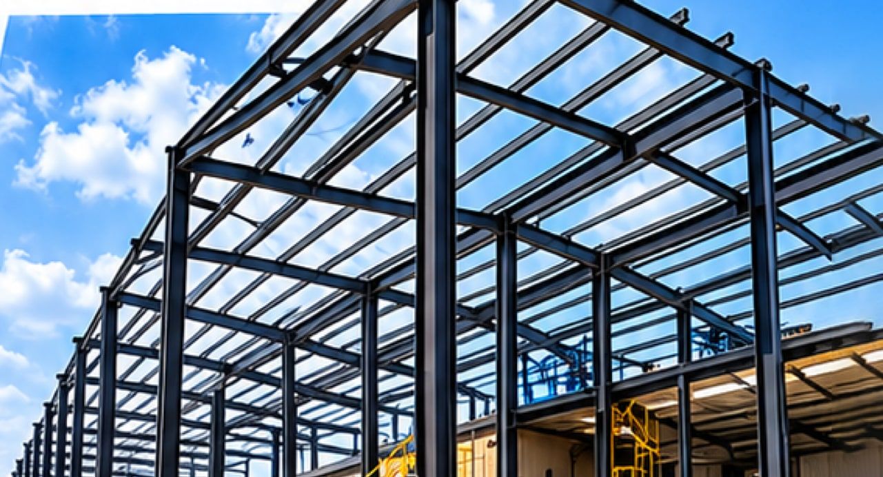 A steel portal frame for a warehouse, under construction